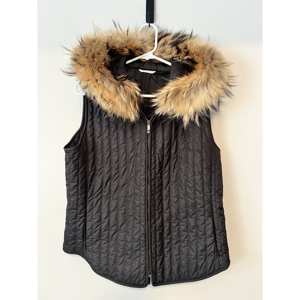 Max Mara Black Hooded Puffer Vest Finnish Raccoon Fur Trim Womens Size 12